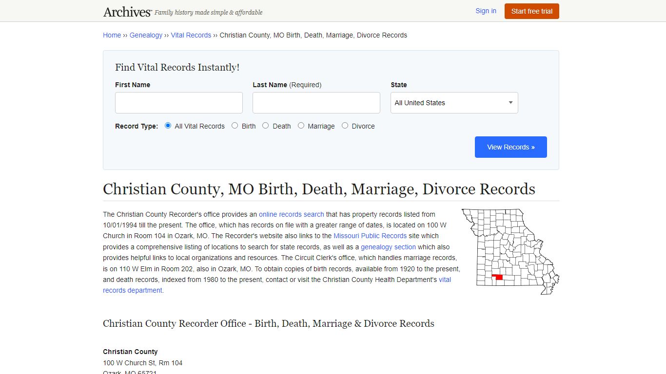 Christian County, MO Birth, Death, Marriage, Divorce Records - Archives.com